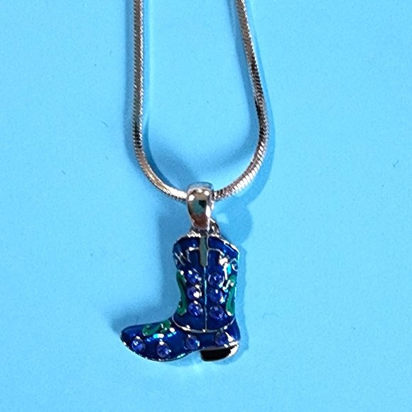 Cowboy Blue Green Boot Charm Pendant/Necklace/Rhinestone Crystal Hand Painted - Picture 8 of 10